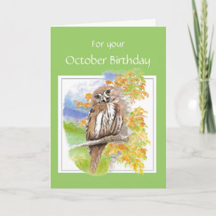 October Birthday, Fall Owl Bird Card