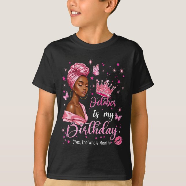 October Birthday Queen Pink Crown Butterfly Gift F T-Shirt (Front)