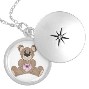October birthstone heart teddy bear locket necklace