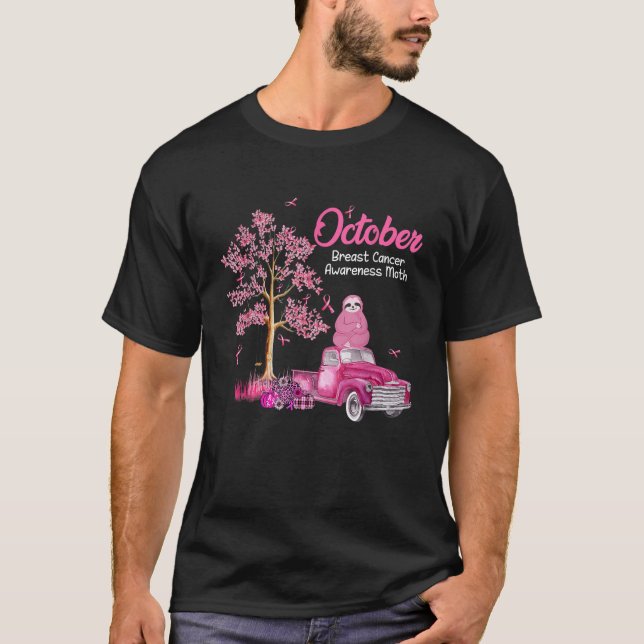 October Breast Cancer Awareness Month Sloth Pumpki T-Shirt (Front)