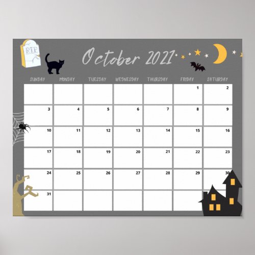 October Calendar 2021 Cute Halloween Night  Poster