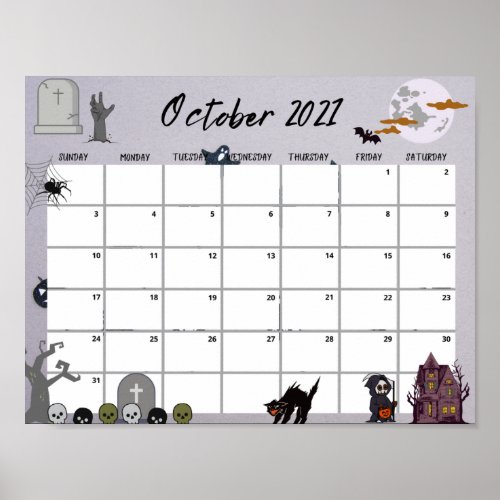 October Calendar 2021 Cute Halloween Party Night Poster