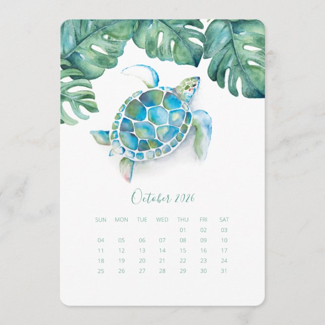 October Calendar Card, Sea Turtle (Front)
