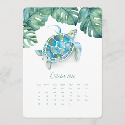 October Calendar Card Sea Turtle