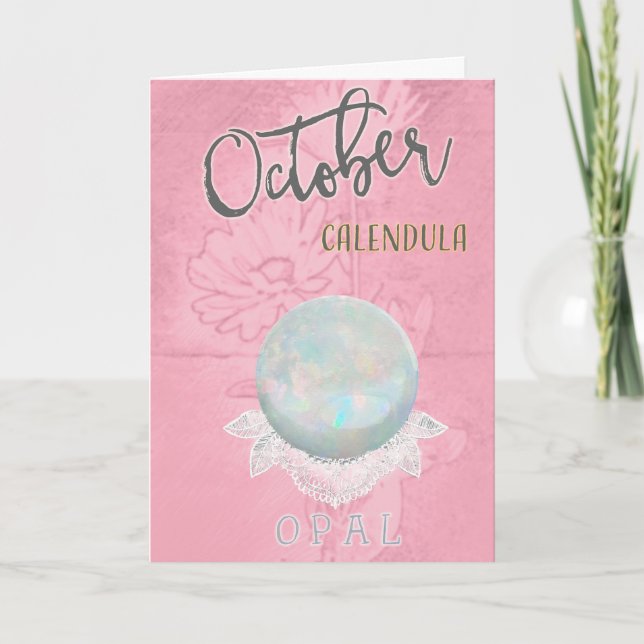 October Calendula and Opal Birthday Card (Front)