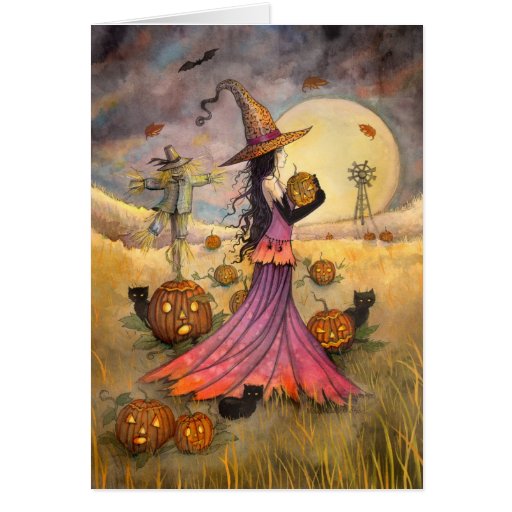 October Fields Halloween Witch and Cats Fantasy Card | Zazzle