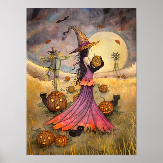 October Fields Witch and Cat Art by Molly Harrison Poster (Front)
