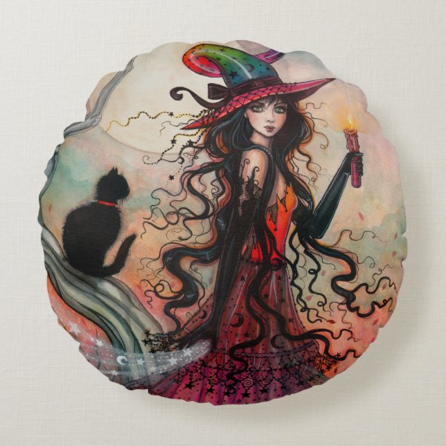 October Flame Halloween Witch and Black Cat Art Round Pillow (Front)