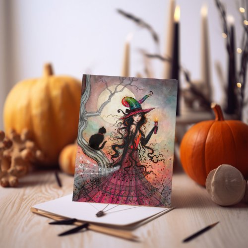 October Flame Halloween Witch Black Cat Art Card