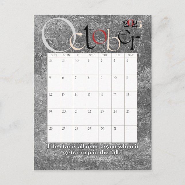 October Gray Modern Monthly Calendar 2025 Postcard (Front)