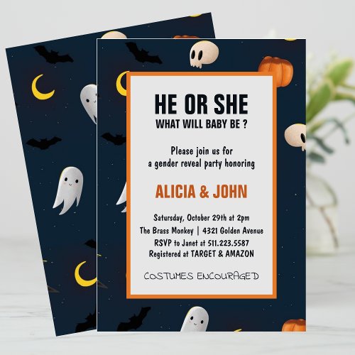 October He or She Halloween gender reveal Invitation