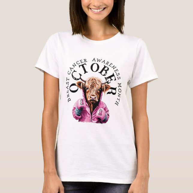 October is Breast Cancer  Awareness Pink Cow T-Shirt (Front)