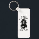 October Is My Therapy, Spooky Is My Peace Keychain<br><div class="desc">A bold gothic-style artwork featuring a mysterious witch in sunglasses,  framed by pumpkins,  bats,  and candlelight. This monochrome design captures the magic and mystery of October,  perfect for those who find peace in spooky season vibes.</div>