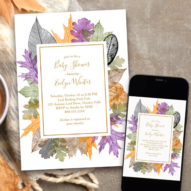 October Leaves Colorful Foliage Fall Baby Shower Invitation (Fall Baby Shower with colorful but delicate, autumn leaves)