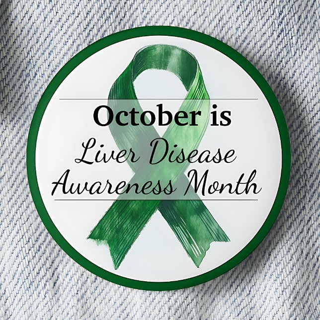 October Liver Disease Awareness Month Button (October is Liver Disease Awareness Month pinback button. Green awareness ribbon.)