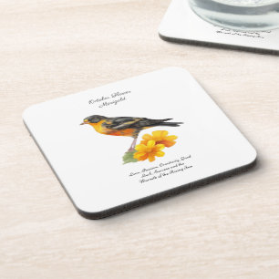 October Marigold Flower and Bird Birth          Beverage Coaster