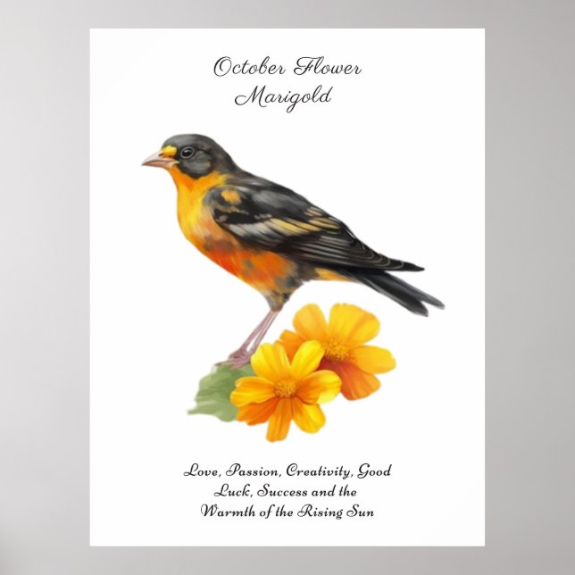 October Marigold Flower and Bird Birth          Poster (Front)