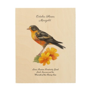 October Marigold Flower and Bird Birth          Wood Wall Art