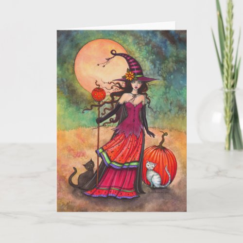 October Moon Halloween Witch and Cats Illustration Card