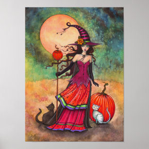 October Moon Witch Cat Halloween Illustration Poster