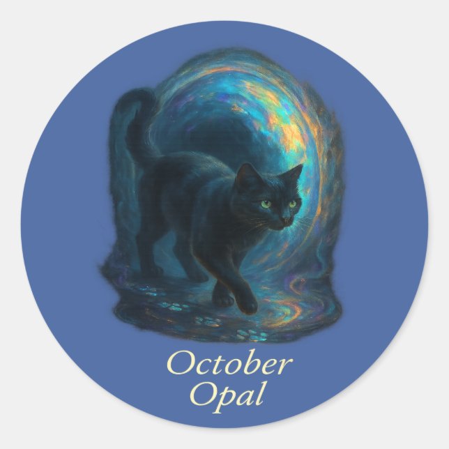 October Opal – Black Cat & Iridescent Portal Classic Round Sticker (Front)