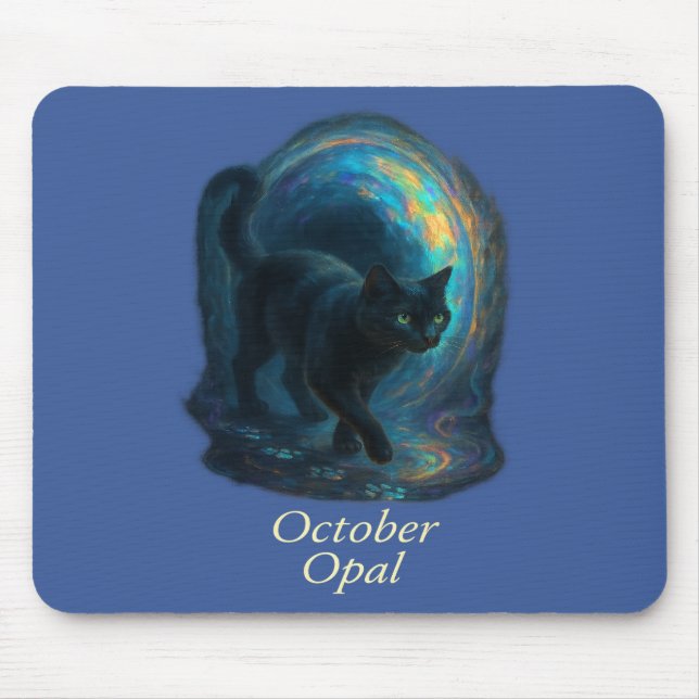 October Opal – Black Cat & Iridescent Portal  Mouse Pad (Front)