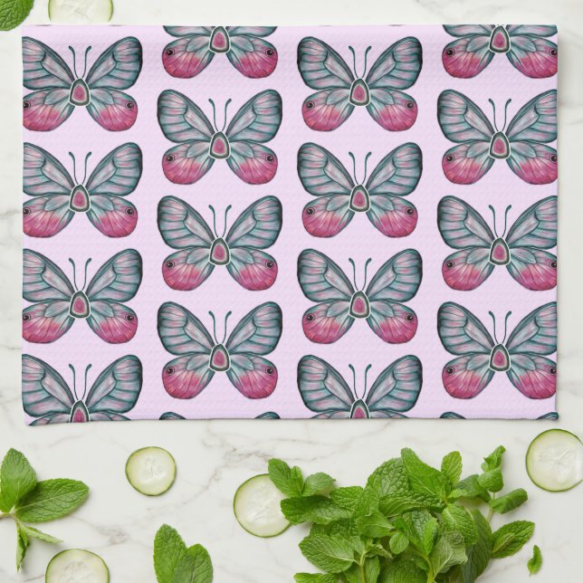 October Pink Glasswing Butterfly Pattern Design Kitchen Towel (Folded)