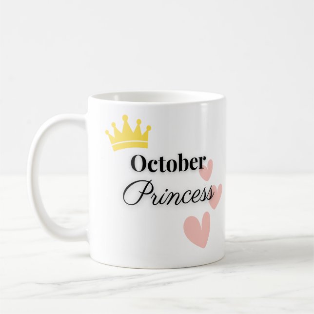 October Princess Mug – Gold Crown & Hearts Design (Left)