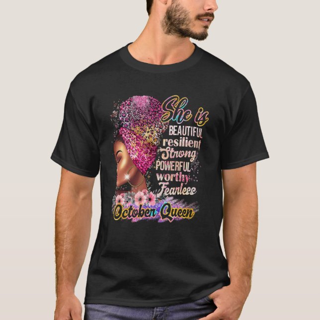 October Queen Black Woman Floral A Queen Was Born  T-Shirt (Front)