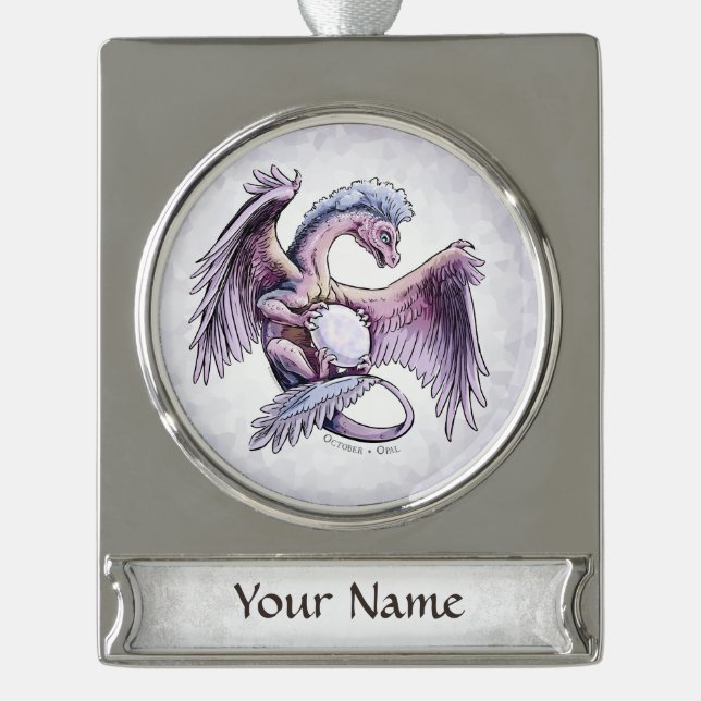 October’s Birthstone Dragon: Opal Silver Plated Banner Ornament (Front)