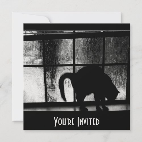 October Showers Cat Silhouette At Window 2 B&amp;W Invitation