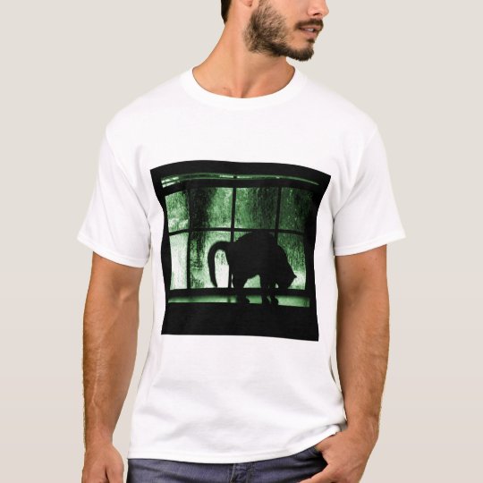 October Showers Cat Silhouette At Window 2 Green T-Shirt