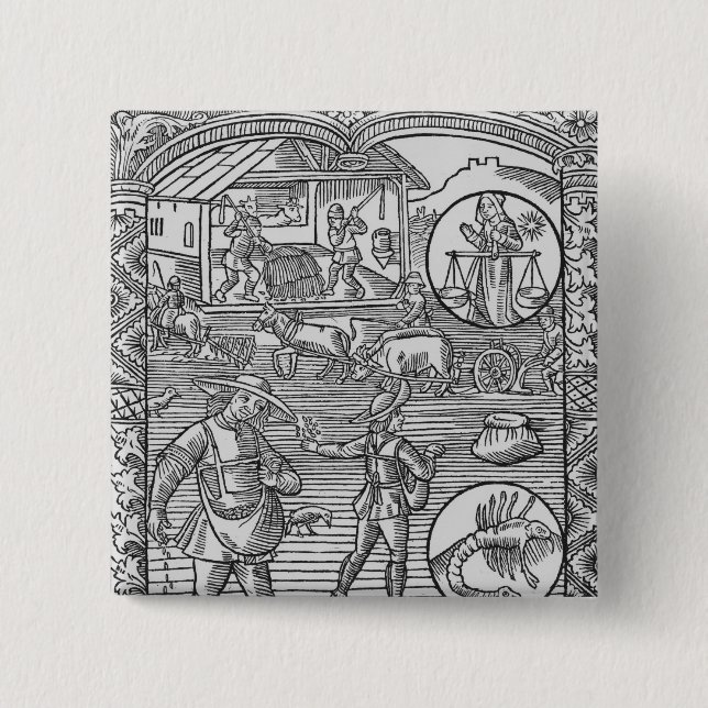 October, sowing, ploughing and threshing, pinback button (Front)