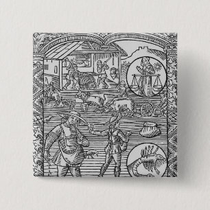 October, sowing, ploughing and threshing, pinback button
