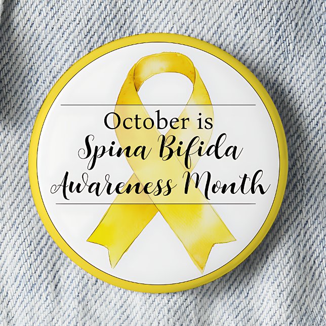 October Spina Bifida Awareness Month Ribbon Button (October is Spina Bifida Awareness Month pinback button.  Yellow awareness ribbon.)