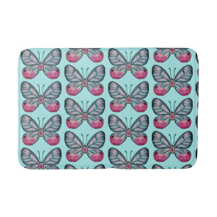 October Teal Glasswing Butterfly Pattern Design Bath Mat