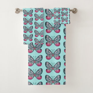 October Teal Glasswing Butterfly Pattern Design Bath Towel Set