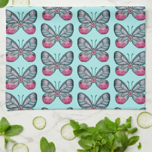 October Teal Glasswing Butterfly Pattern Design Kitchen Towel
