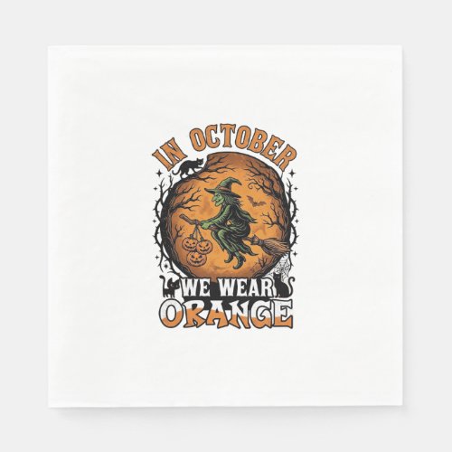 October We Wear Orange Flying Witch Pumpkins Black Napkins