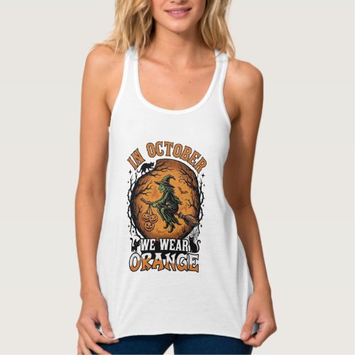 October We Wear Orange Flying Witch Pumpkins Black Tank Top