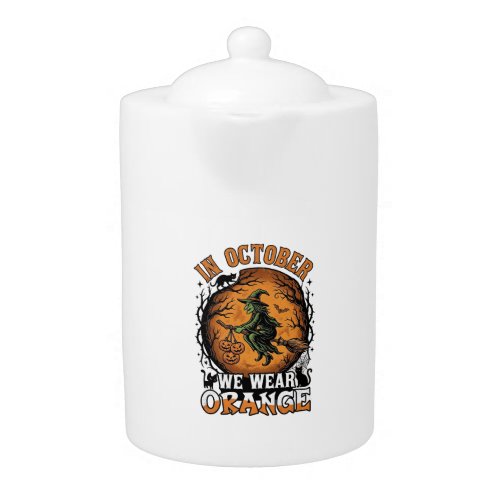 October We Wear Orange Flying Witch Pumpkins Black Teapot