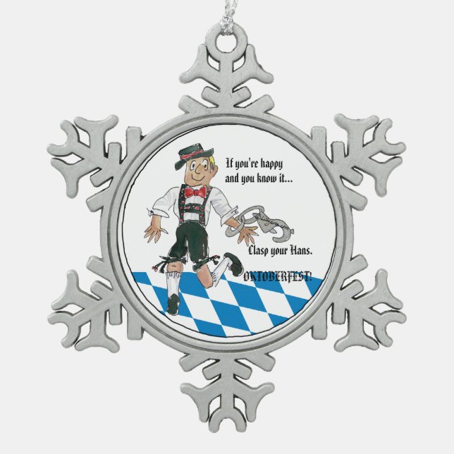 Octoberfest Funny Cartoon Hans Snowflake Pewter Christmas Ornament (Front)