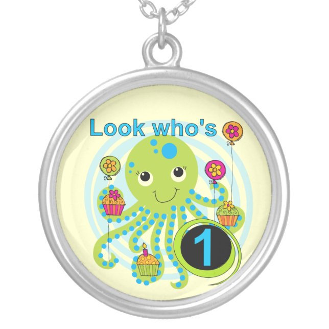 Octopus 1st Birthday T-shirts and Gifts Silver Plated Necklace (Front)