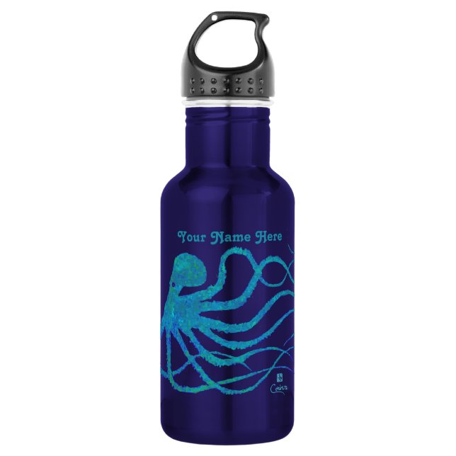 Octopus 2 Blue Green On Blue - 18 oz. Water Bottle (Front)