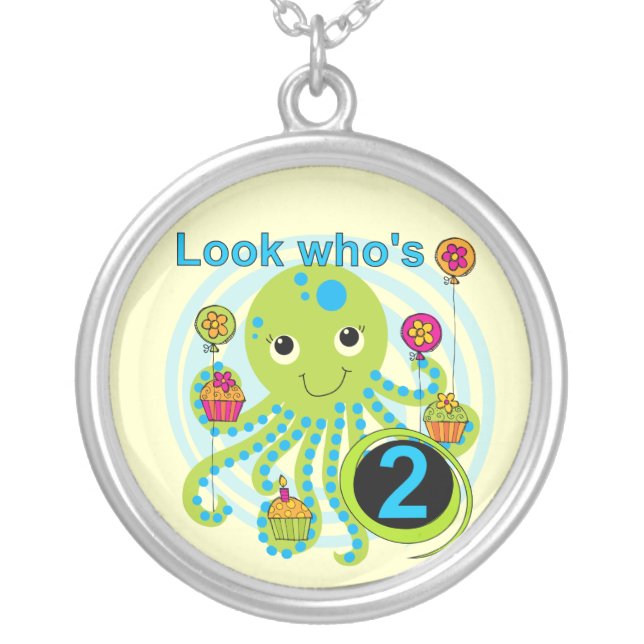 Octopus 2nd Birthday T shirts and Gifts Silver Plated Necklace (Front)
