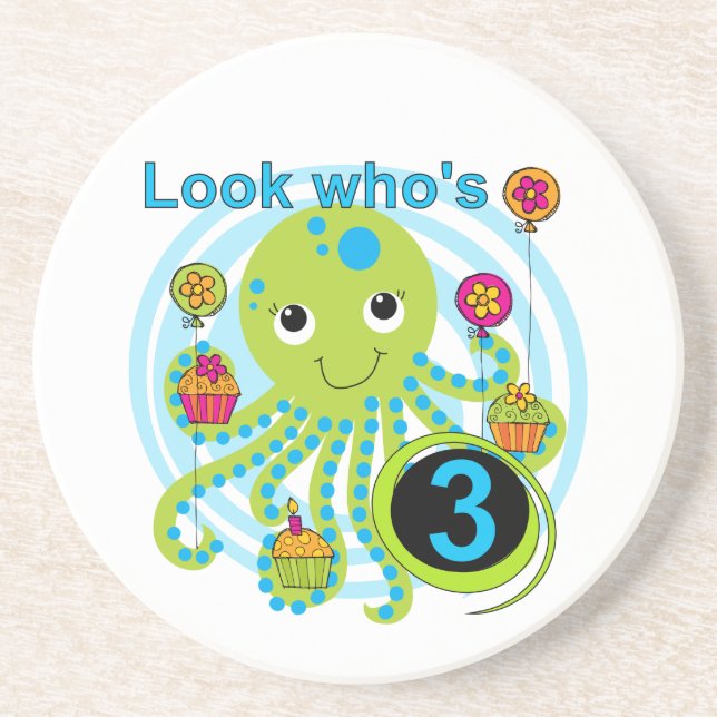 Octopus 3rd Birthday T-shirts and Gifts Sandstone Coaster (Front)