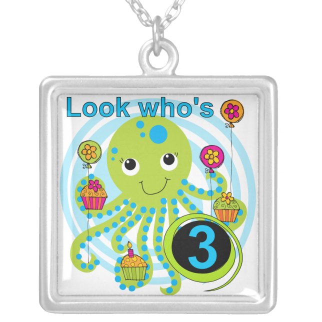 Octopus 3rd Birthday T-shirts and Gifts Silver Plated Necklace (Front)