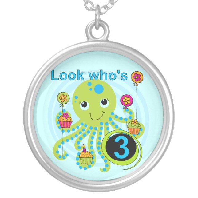 Octopus 3rd Birthday T-shirts and Gifts Silver Plated Necklace (Front)
