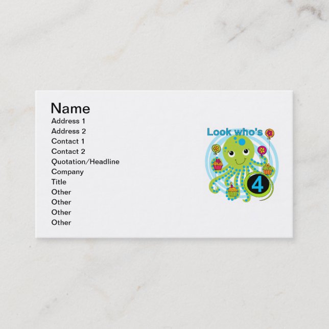 Octopus 4th Birthday T shirts and Gifts Business Card (Front)