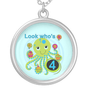 Octopus 4th Birthday T shirts and Gifts Silver Plated Necklace